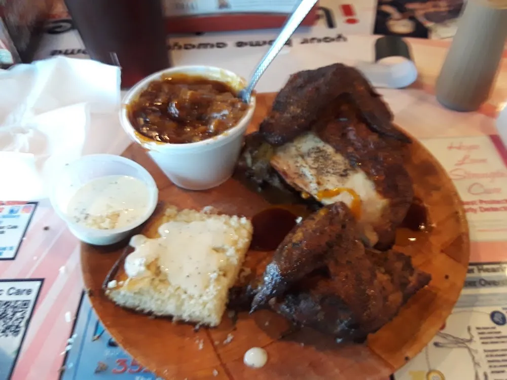 BBQ Chicken with Baked Beans and Cornbread and Fried Okra