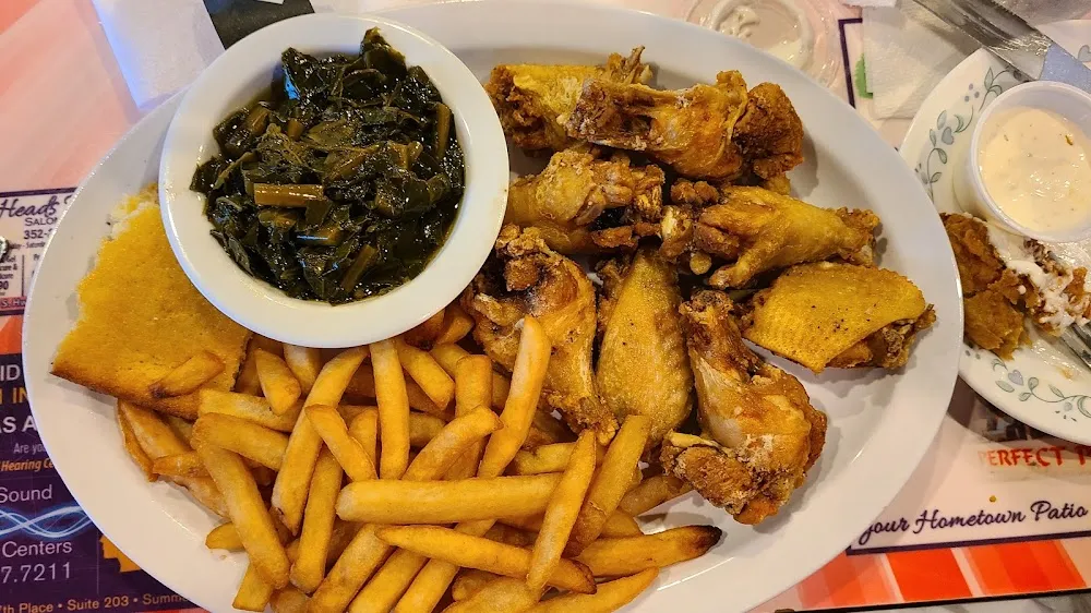 Chicken Wings Fries and Collard Greens