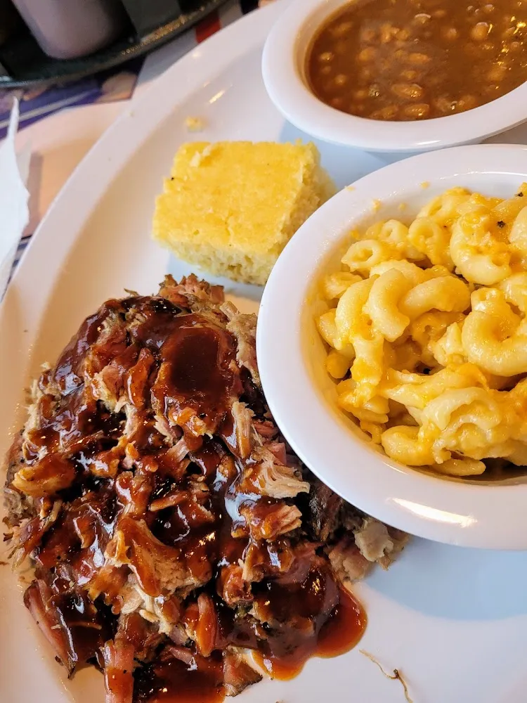 Chopped Pork Mac&Cheese Baked Beans and Cornbread